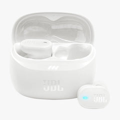 White JBL wireless earbuds with charging case on a white background