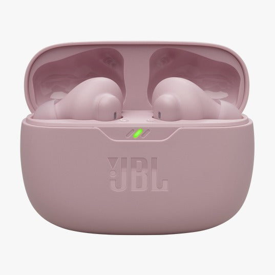 Pink JBL wireless earbuds in charging case on a white background