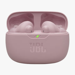 Pink JBL wireless earbuds in charging case on a white background