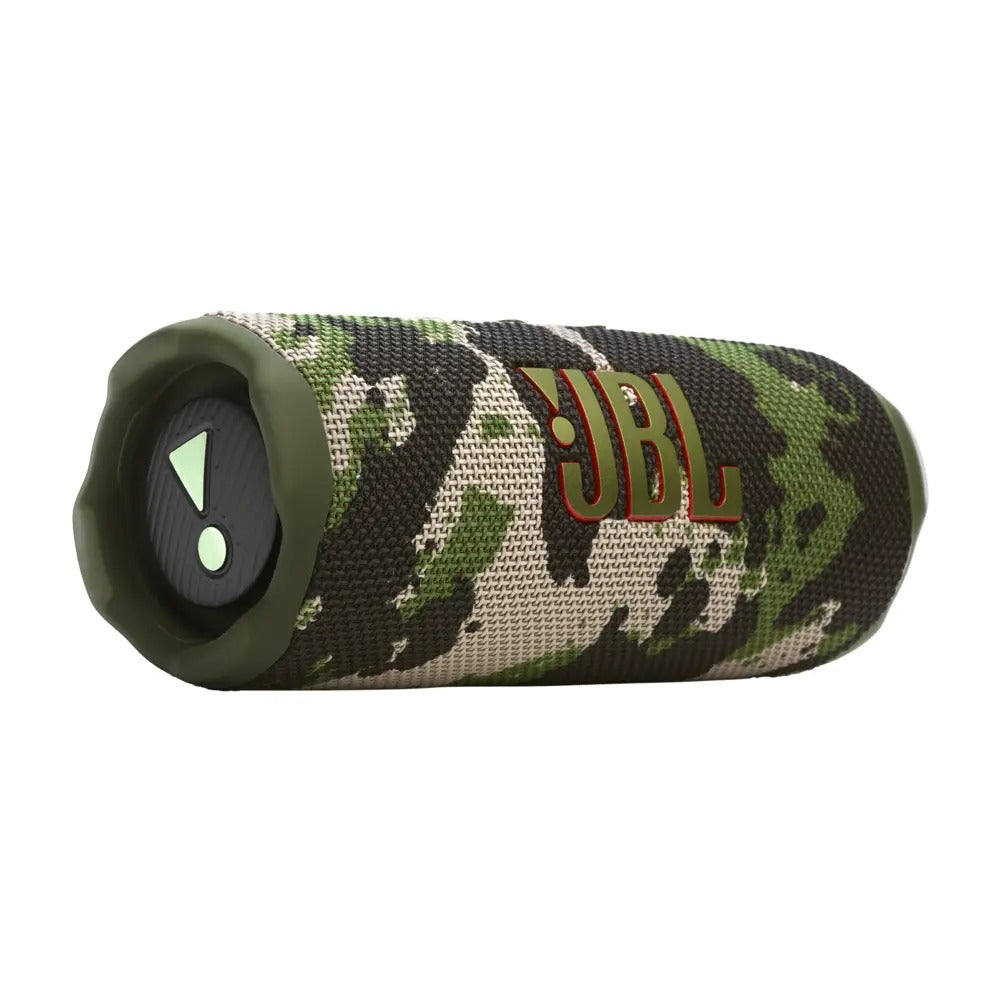 Camouflage-patterned JBL speaker on a white background