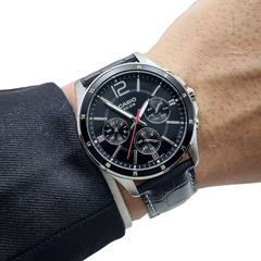 Casio MTP‑1374L Series Men’s Analog Watch – Classic Chronograph, Leather Strap, 50M Water Resistance