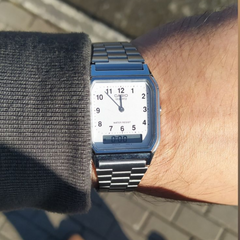 CASIO AQ‑230A‑7BHDF Vintage Analog‑Digital Watch – Dual Display, Stainless Steel, Slim Profile, Alarm & Stopwatch
