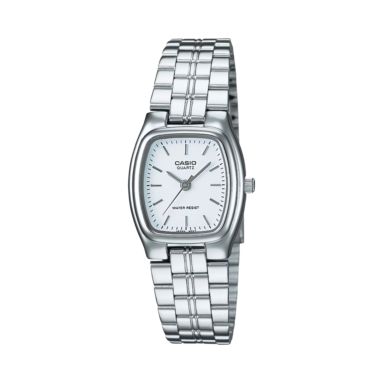 Silver Casio watch with a white face on a white background