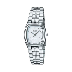 Silver Casio watch with a white face on a white background