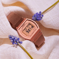 CASIO B640WMR-5ADF Vintage Digital Watch – Unisex Rose Gold Stainless Steel Mesh (Milanese), LED Light, Alarm, Stopwatch, Countdown Timer, 50M Water Resistant, Quartz