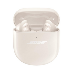 Bose wireless earbuds in a white charging case on a white background