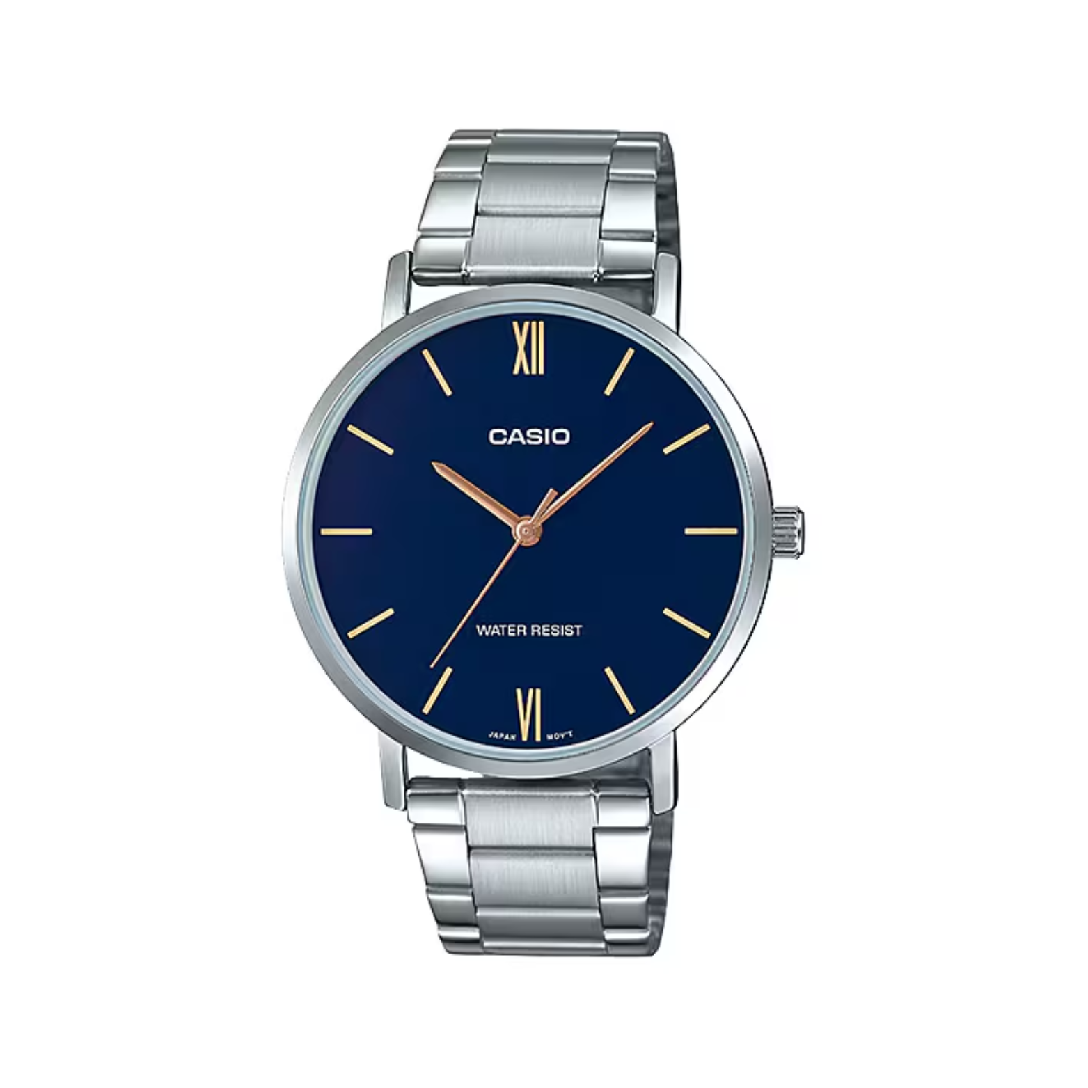 Casio watch with blue dial and silver metal strap on a white background