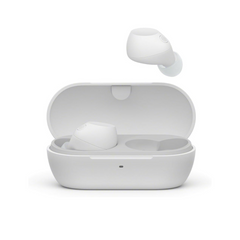 White wireless earbuds in an open charging case on a white background