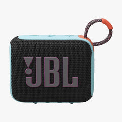 JBL portable speaker with a black front panel and blue sides on a white background