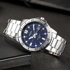 CASIO MTP-VD01D-2EVDF Men’s Analog Watch – Blue Dial, Date Display, Stainless Steel Bracelet, 50m Water Resistant, Quartz