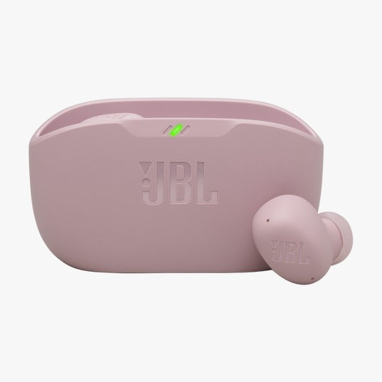 Pink JBL wireless earbuds with charging case on a white background