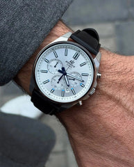 CASIO EDIFICE EFV-650L-7AVUDF Men’s Chronograph Watch – White Dial, Genuine Leather Strap, Quartz, Date Display, Mineral Glass, 100M Water Resistant, Stainless Steel Case