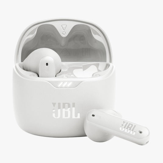 White JBL wireless earbuds with charging case on a white background