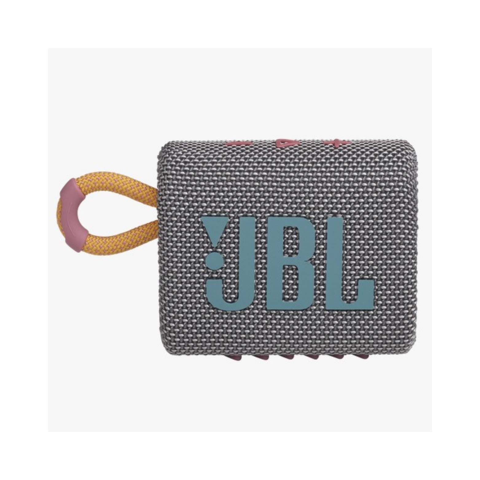 Gray JBL speaker with a colorful handle on a white background