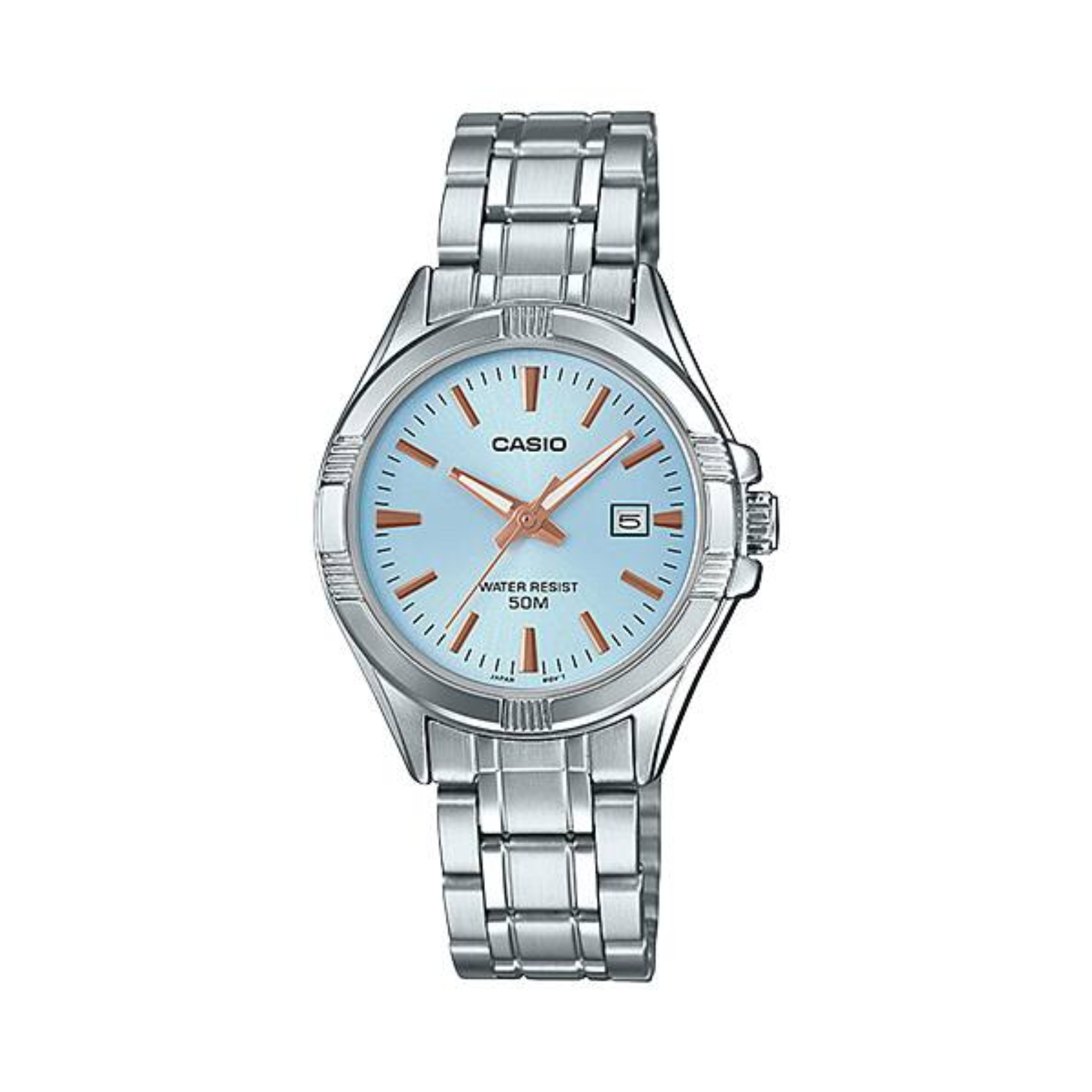 Casio watch with silver metal strap and light blue dial on a white background