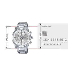 CASIO MTP‑E510D‑7AVDF Men’s Chronograph Watch – Silver Dial, Stainless Steel Band, 50 m Water Resistance