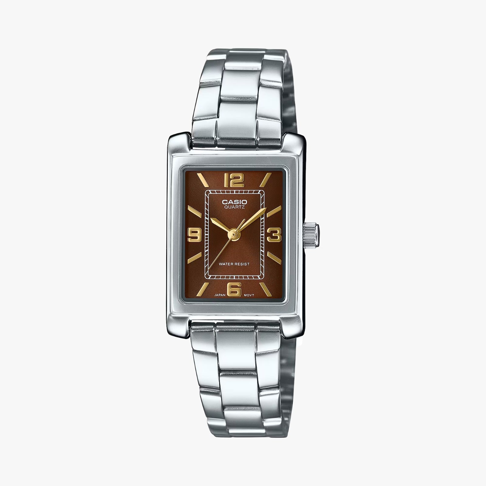 Casio watch with silver metal band and brown square dial on a white background