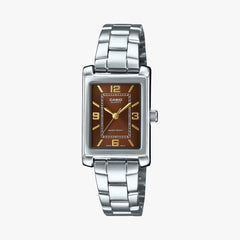 Casio watch with silver metal band and brown square dial on a white background