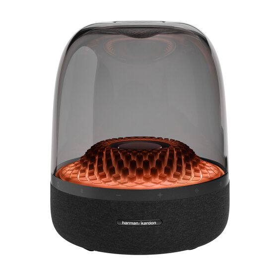 Harman Kardon Aura Studio 4 Bluetooth speaker with a black exterior and a dome-shaped top that has a diamond-pattern effect.