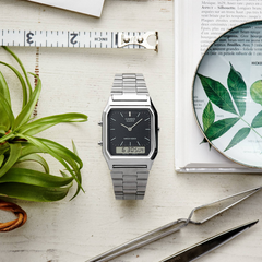 CASIO AQ-230A-1DHDF Vintage Digital-Analog Watch – Classic Silver Stainless Steel, Dual Time, Alarm, Stopwatch, Retro 80s Design, Water Resistant