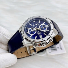 CASIO EDIFICE EFV-640L-2AVUDF Chronograph Watch for Men with Genuine Leather Band and Blue Dial Silver