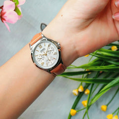 CASIO LTP-V300L-7A2UDF Women’s Analog Watch – White Dial, Rose Gold Accents, Leather Strap, Multi-Dial Design, Quartz Movement, Water Resistant