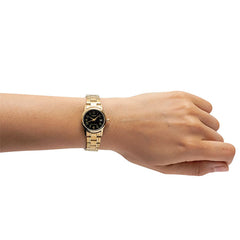 CASIO LTP-V002G-1BUDF Women’s Analog Watch – Gold Stainless Steel, Black Dial, Classic Quartz Timepiece
