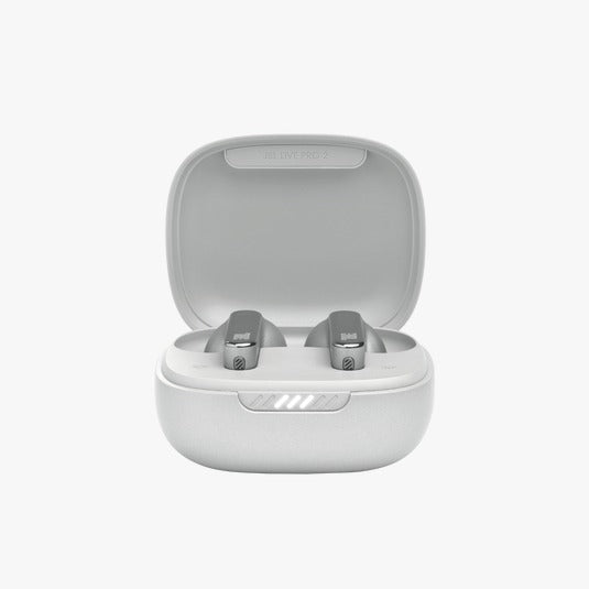 Wireless earbuds with charging case on a white background