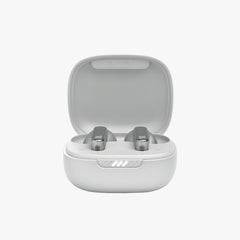 Wireless earbuds with charging case on a white background