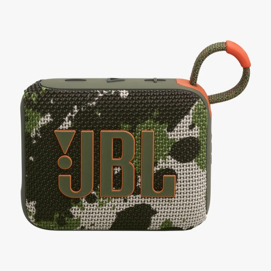 Camouflage-patterned JBL speaker with orange accents on a white background