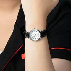 Casio LTP‑1303L‑7BVDF Women’s Analog Watch – White Dial, Black Leather, 50m water resistance