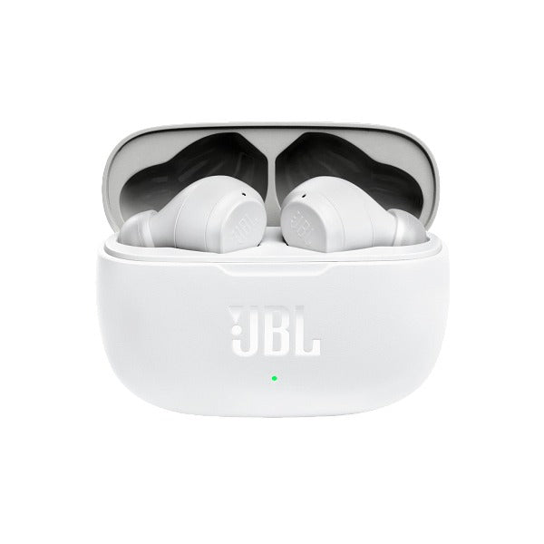 White JBL wireless earbuds in a charging case on a white background