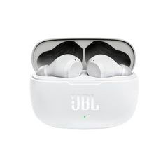 White JBL wireless earbuds in a charging case on a white background