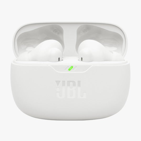 White wireless earbuds in a charging case on a white background