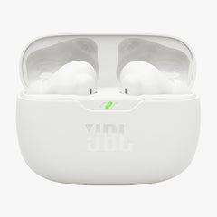 White wireless earbuds in a charging case on a white background