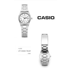 CASIO LTP-V006D-7BUDF Women’s Analog Watch – Silver Stainless Steel, White Roman Dial, Day & Date Display, Quartz Movement, Elegant Classic Design
