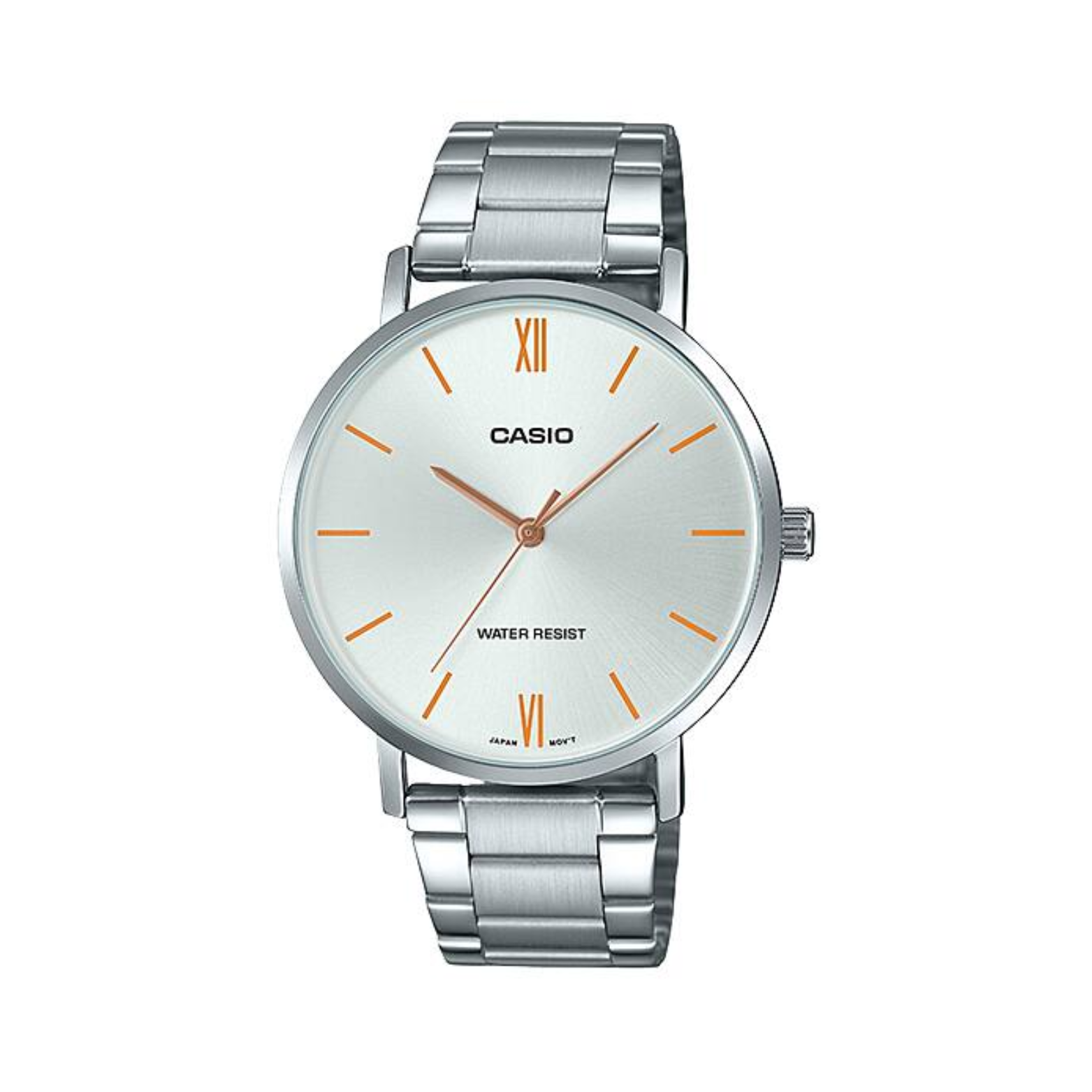 Silver Casio watch with a white face on a white background
