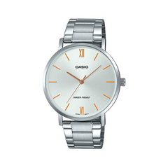 Silver Casio watch with a white face on a white background