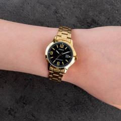 CASIO LTP-V004G-1BUDF Women’s Analog Watch – Gold Stainless Steel, Black Dial, Quartz Movement, Water Resistant, Elegant Classic Ladies Watch