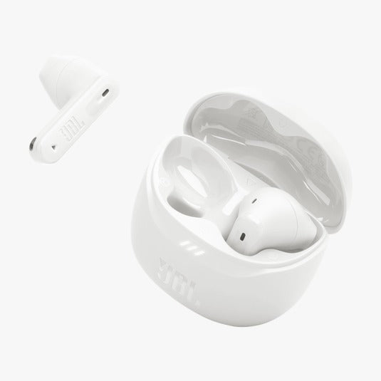 White wireless earbuds with charging case on a white background