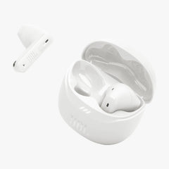 White wireless earbuds with charging case on a white background