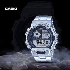 CASIO AE-1400WHD-1AVDF Digital Watch – World Time, 10-Year Battery, LED Light, 100M Water Resistant, Stainless Steel Bracelet