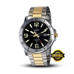 CASIO MTP-VD01SG-1BVDF Men’s Standard Analog Watch – Two-Tone Silver/Gold Stainless Steel, Black Dial, Date, Quartz, Mineral Glass, 50M Water Resistant