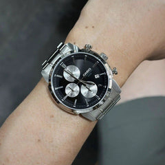 CASIO MTP‑E510D‑1A2VDF Men’s Chronograph Watch – Black & Green Dial, Stainless Steel, 50 m Water Resistance