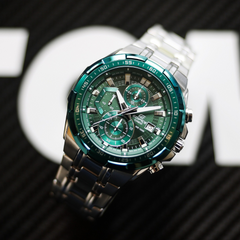 CASIO Edifice EFR-539DE-3AVUDF Chronograph Watch – Green Dial, Stainless Steel, 100m Water Resistant, Date, Quartz, Large Sport Design