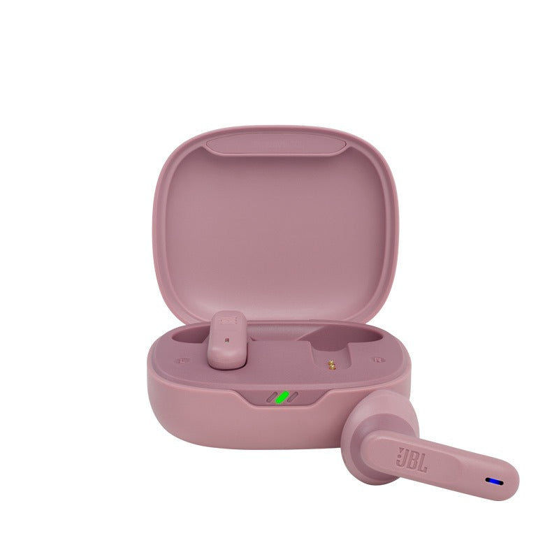 Pink wireless earbuds with charging case on a white background