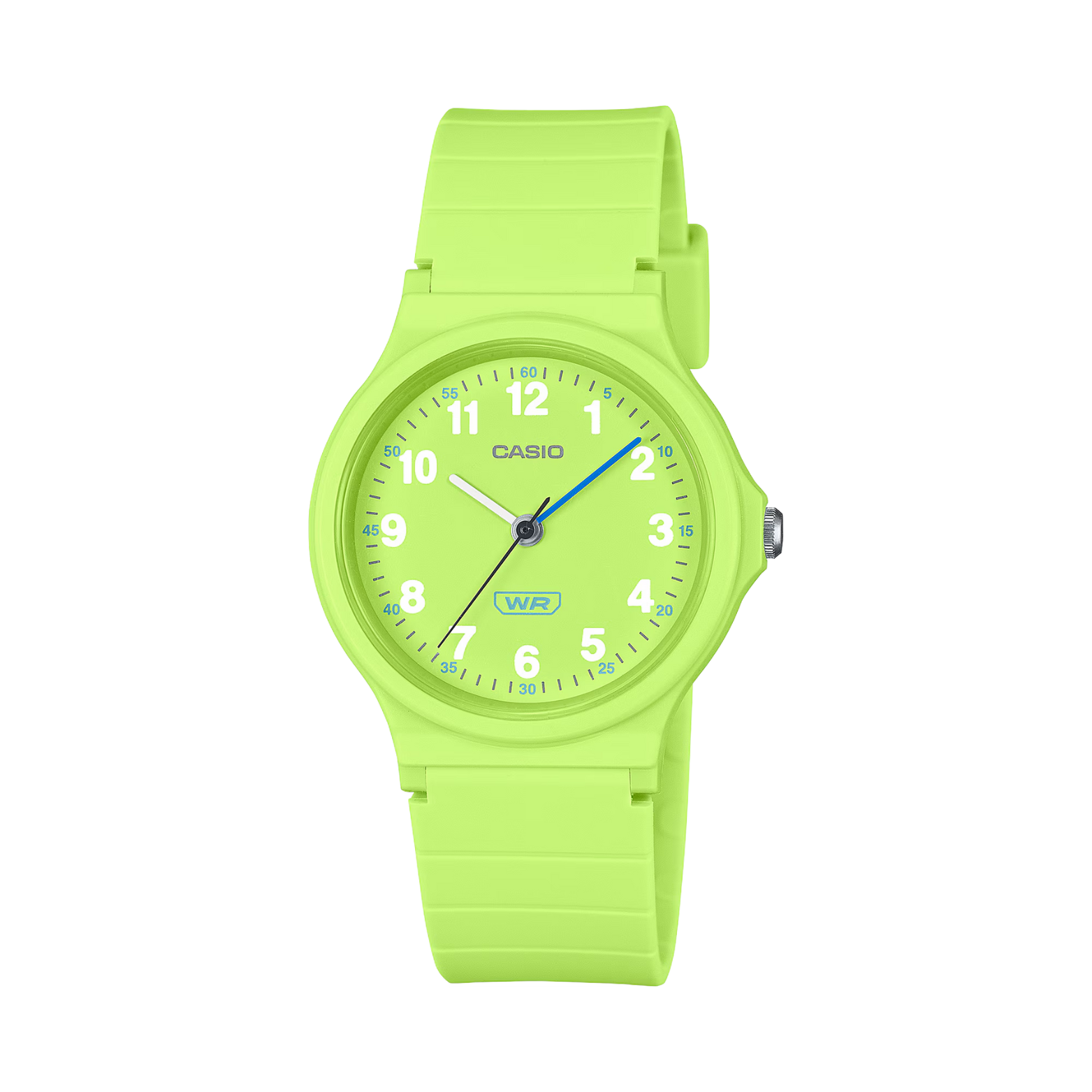 Neon green Casio watch on a white background