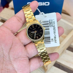 CASIO LTP-V005G-1BUDF Women’s Analog Watch – Gold Stainless Steel, Black Dial, Quartz Movement, Water Resistant, Elegant Classic Ladies Watch