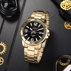 CASIO MTP-VD01G Series Standard Analog Men’s Watch – Gold Stainless Steel Case & Band, Black Dial, Date Display, Quartz Movement, 50M Water Resistance, Mineral Glass – Men’s Luxury Classic Watch