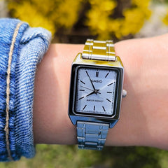 CASIO LTP-V007D-2EUDF Women’s Analog Watch – Silver Stainless Steel, Blue Dial, Square Case, Quartz Movement, Water Resistant, Elegant Classic Design